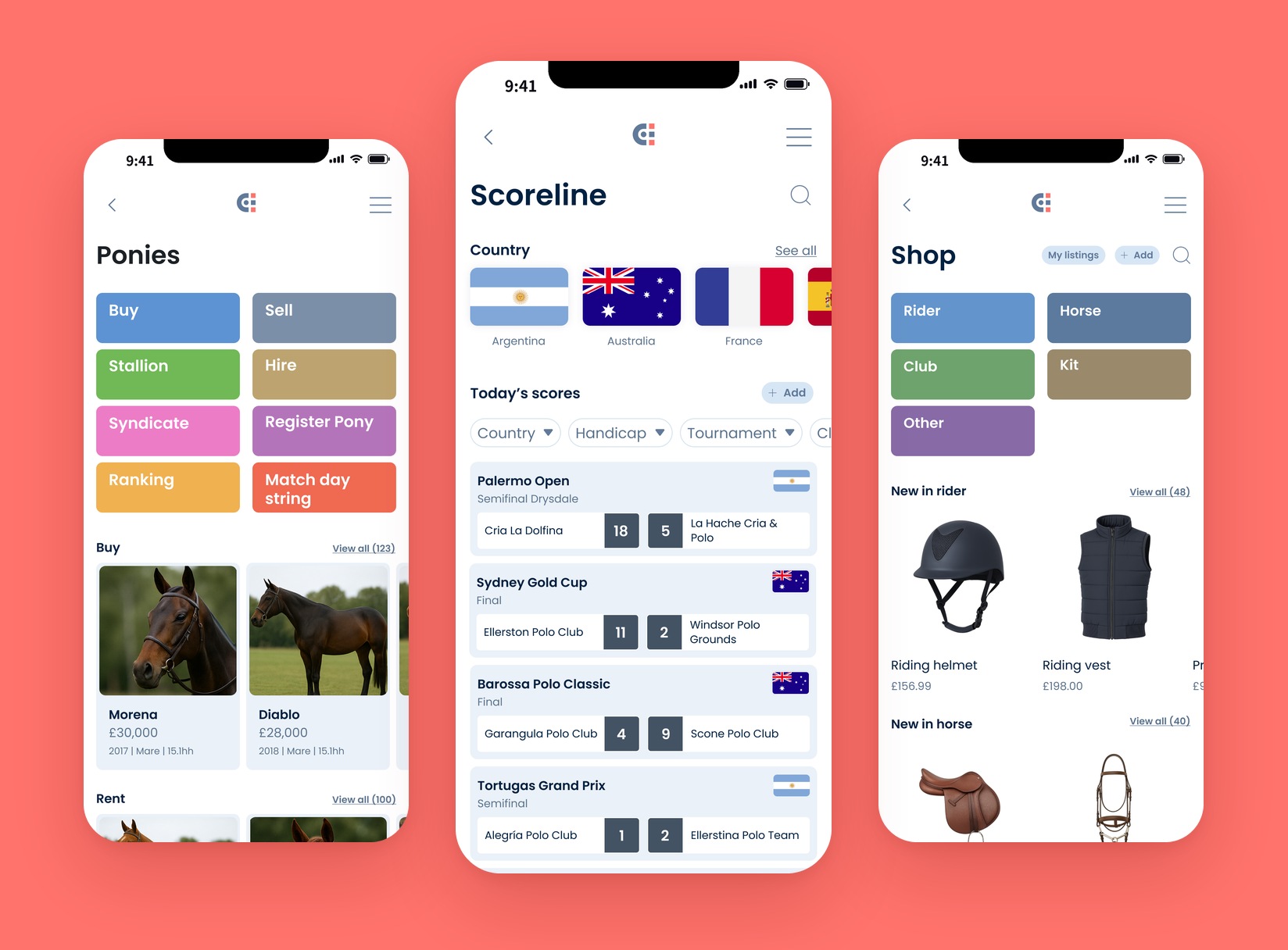 Three app screens, ponies, the scoreline and the shop.