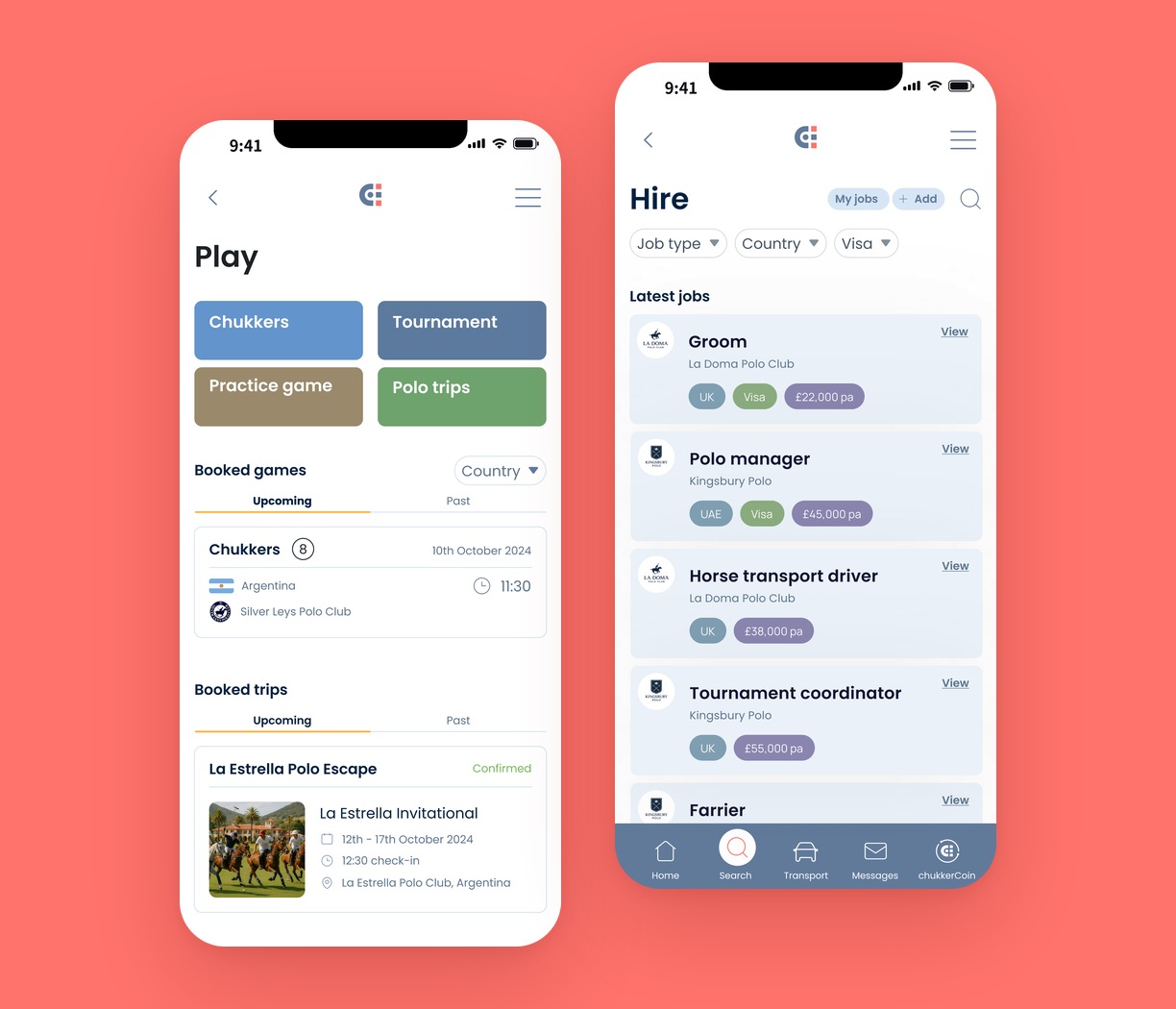 App screens for booking play and hiring players.