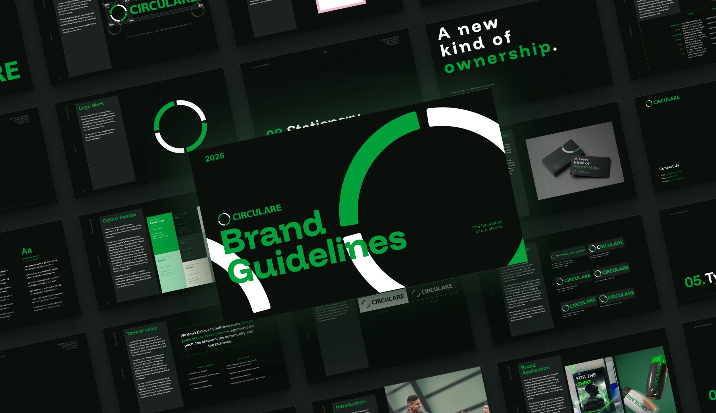 The Circulare brand guidelines, spreads laid out on a dark ground around the green ring.