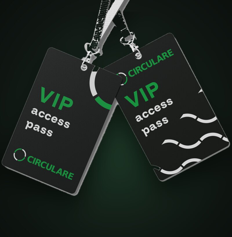 Two Circulare VIP access passes on lanyards.