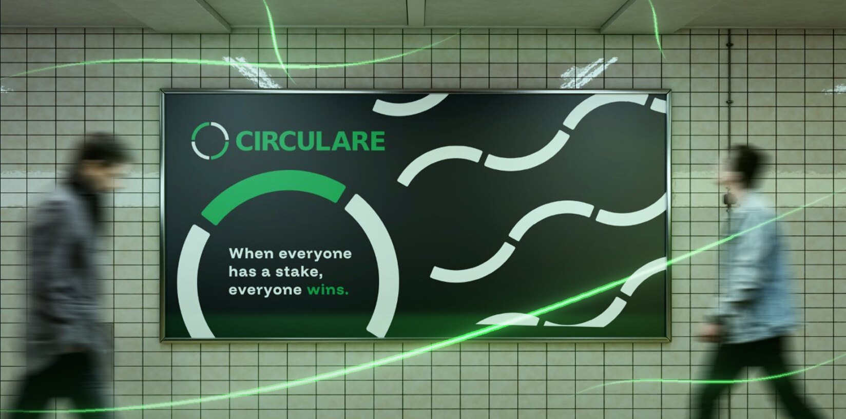 A wide Circulare poster in a station, people walking past.