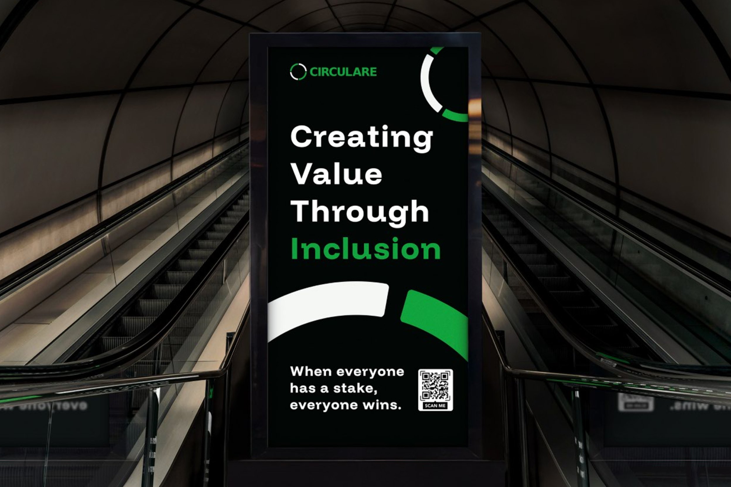 A Circulare poster at the top of a station escalator, Creating Value Through Inclusion.