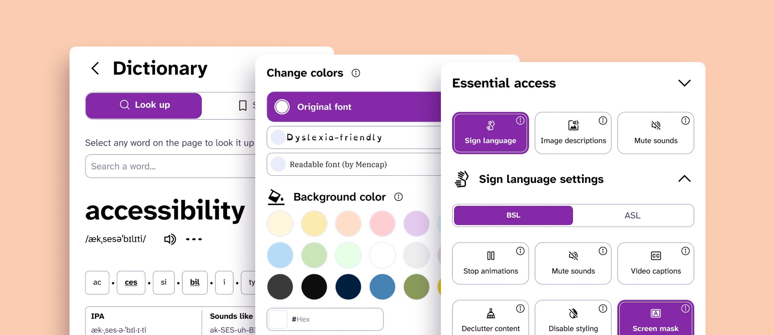 The EnableAll widget's dictionary, colour and essential access panels, fanned on a peach stage.