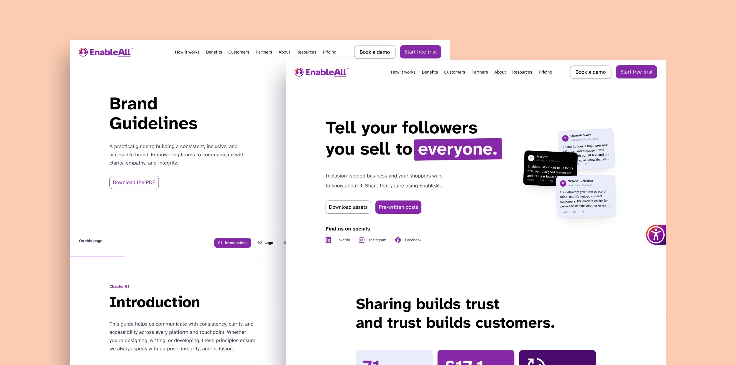The EnableAll brand guidelines and social kit pages, overlapping on a peach stage.