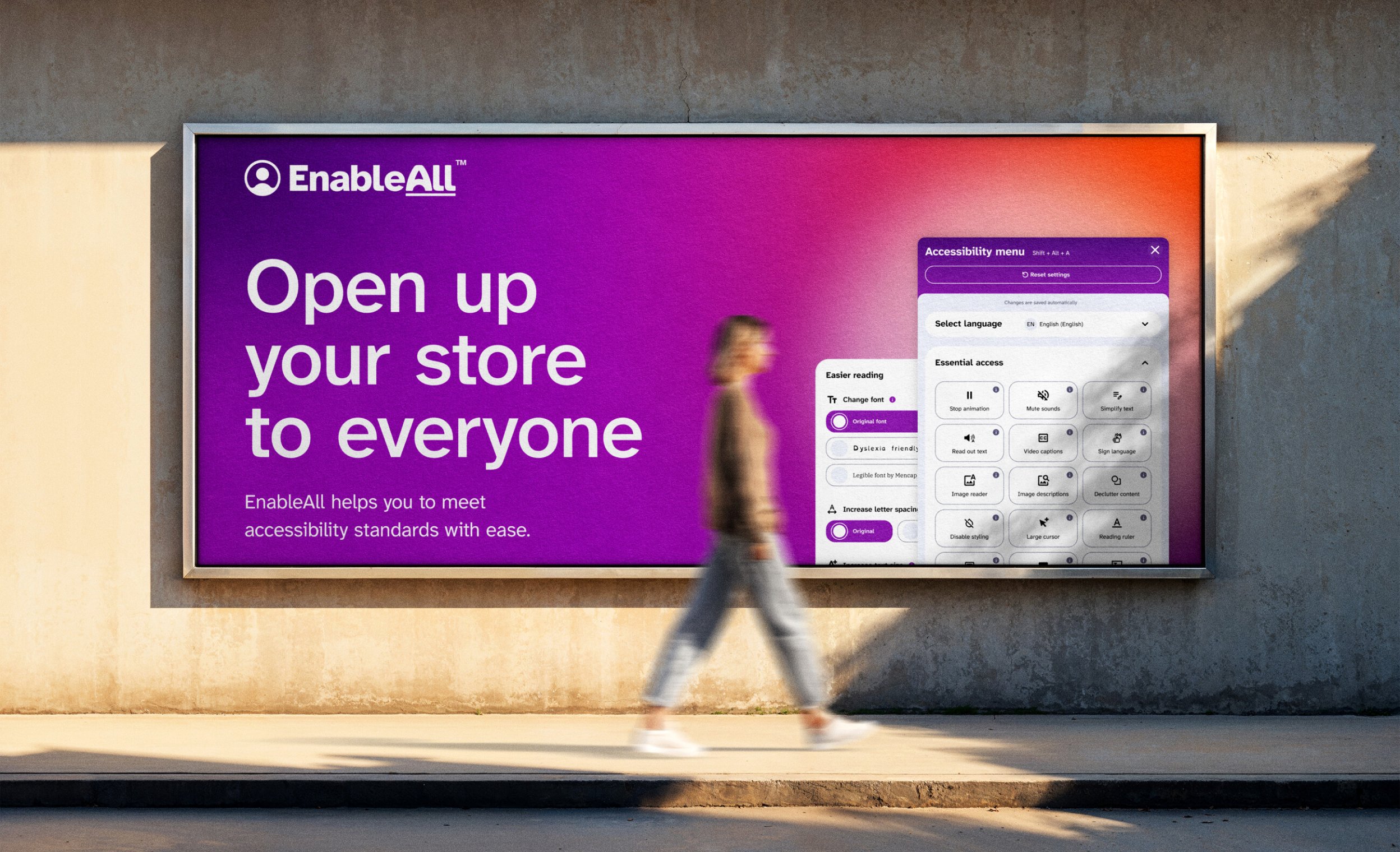 An EnableAll billboard reading "Open up your store to everyone", a passer-by walking past.