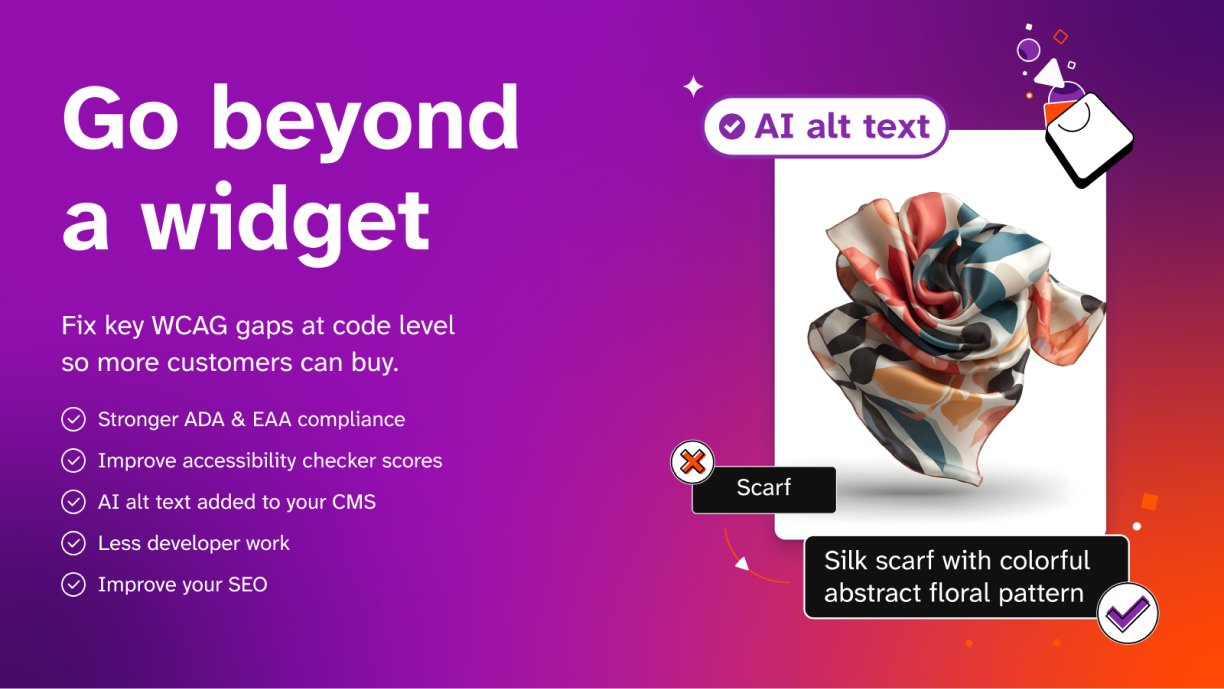 Shopify app card: Go beyond a widget, with an AI alt text example.