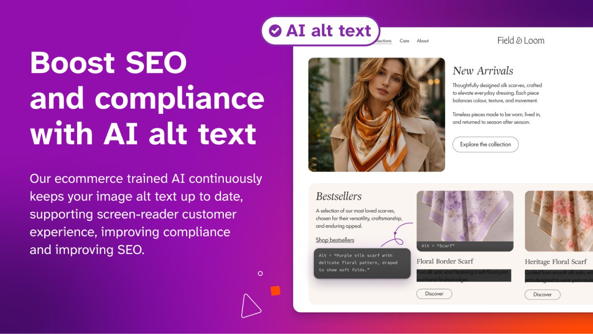 Shopify app card: Boost SEO and compliance with AI alt text.