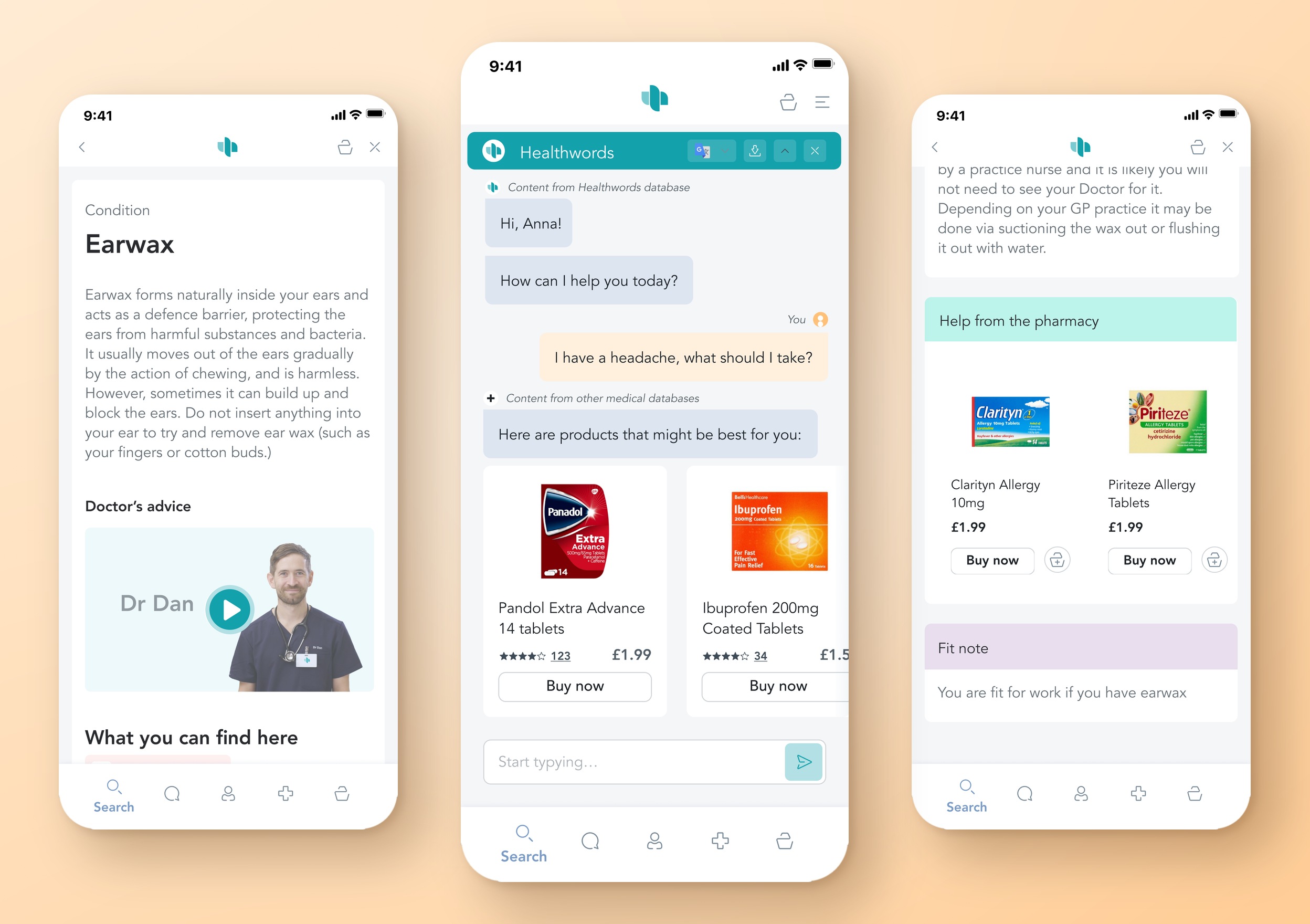 Healthwords app and web screens laid out side by side.