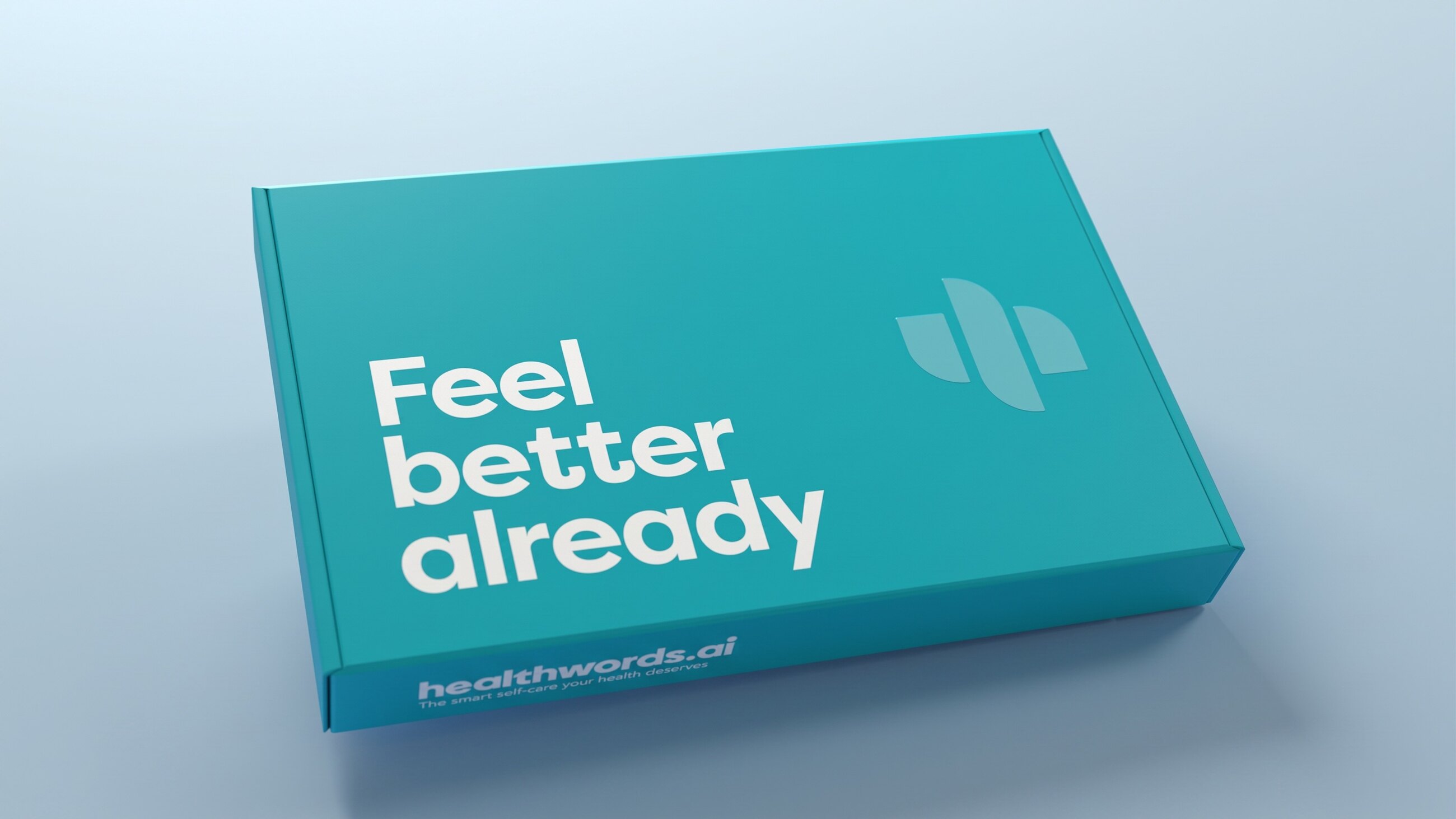 A teal Healthwords delivery box printed with the line Feel better already.