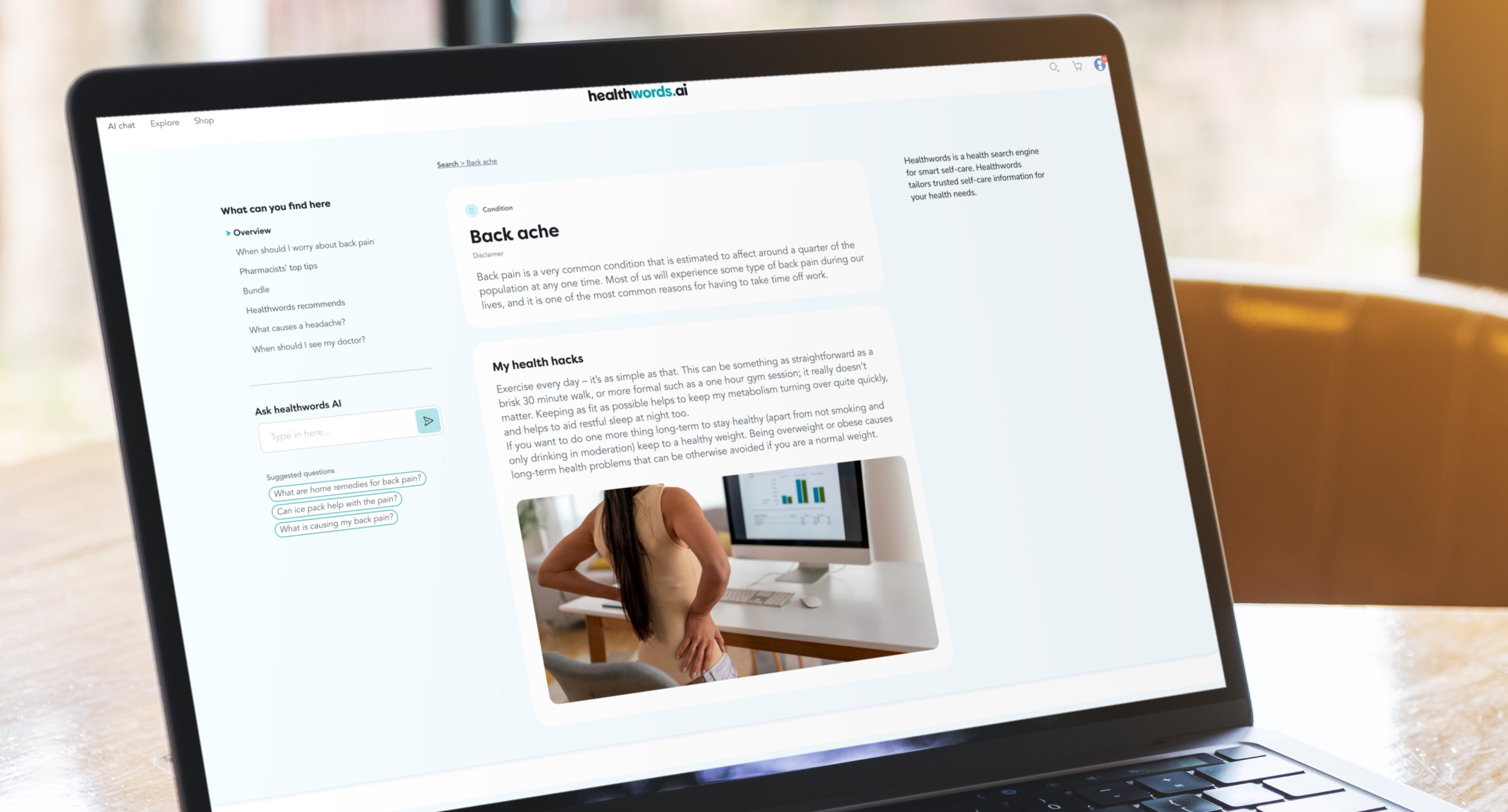 A Healthwords condition page with the answer at the top and products alongside.