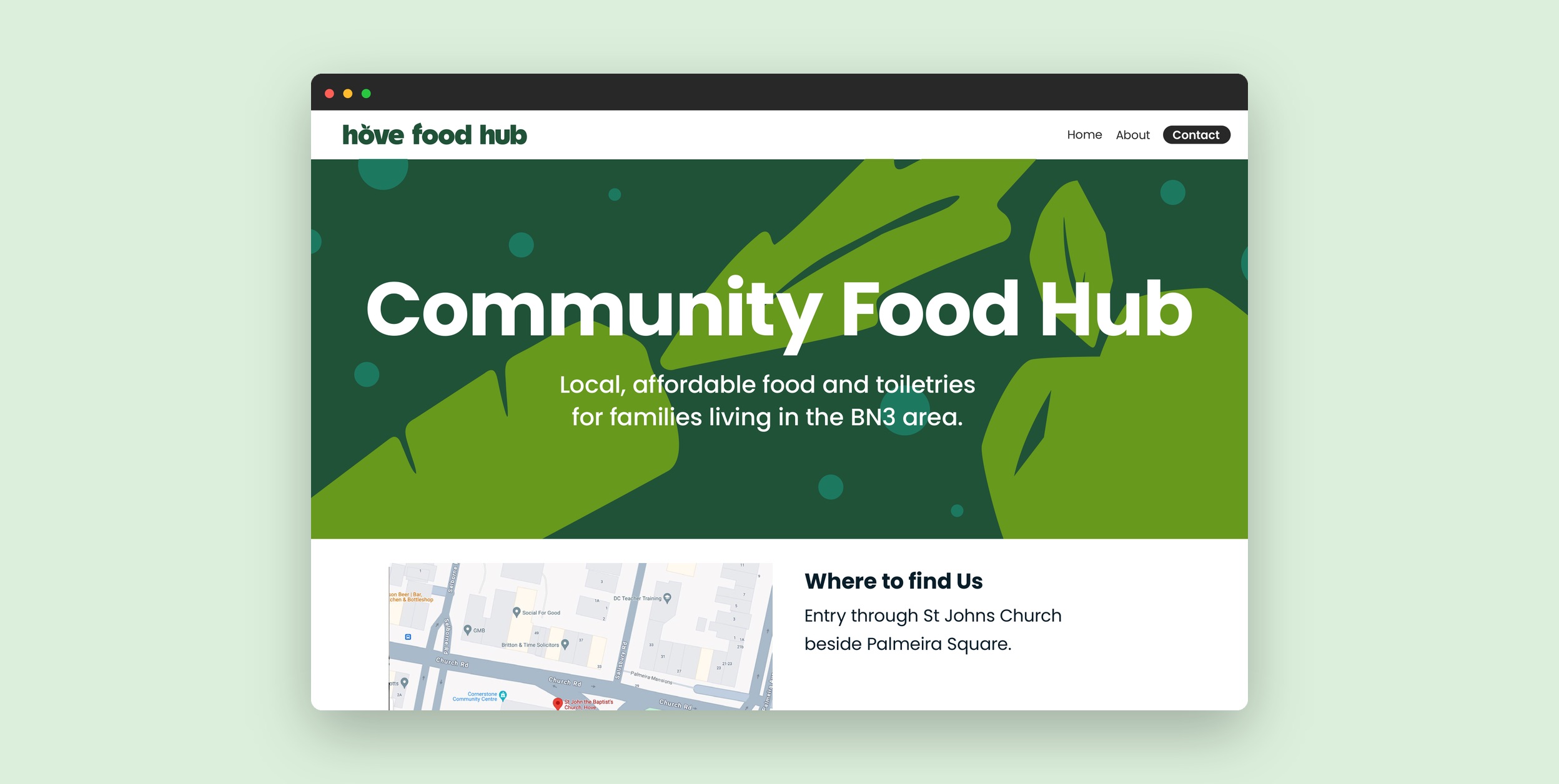 The Hove Food Hub website concept, home page.