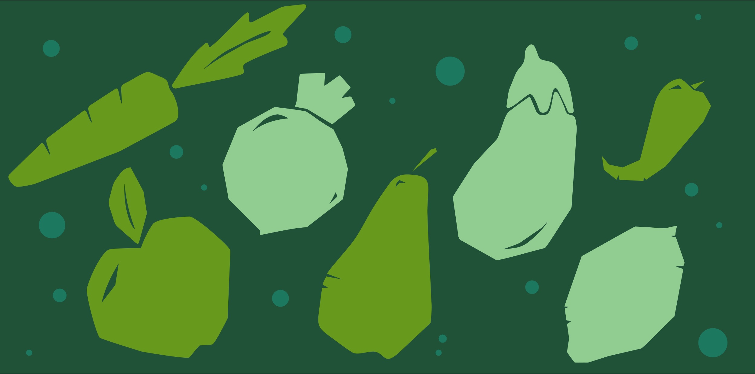 Fruit and vegetable motifs in two greens on dark green.