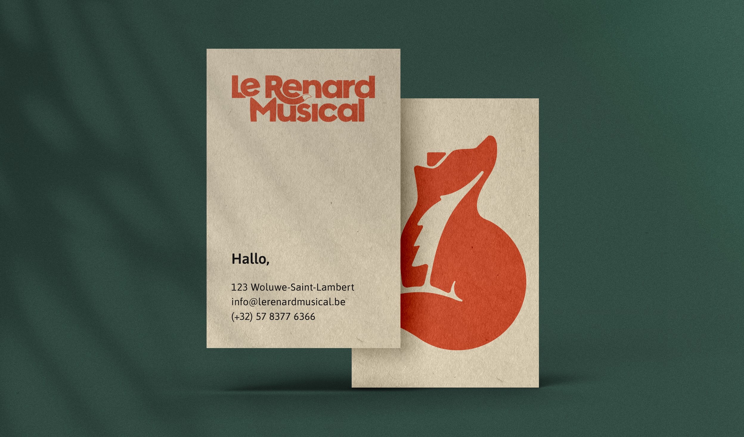 Le Renard Musical business cards, the fox in orange on cream.