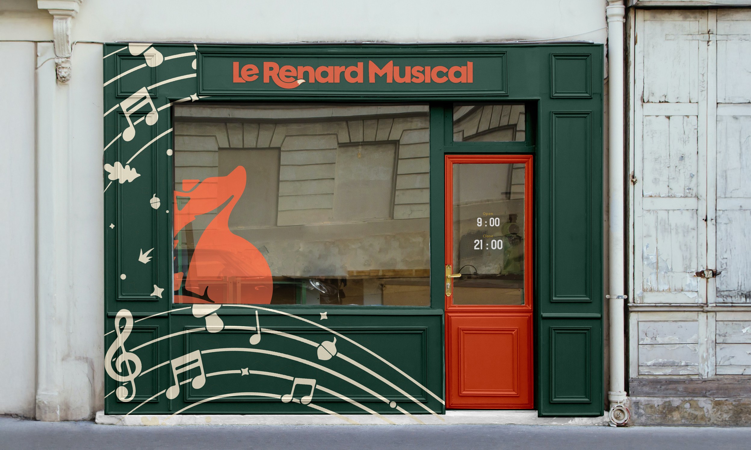 The identity on a shopfront, a ribbon of music across the frontage.