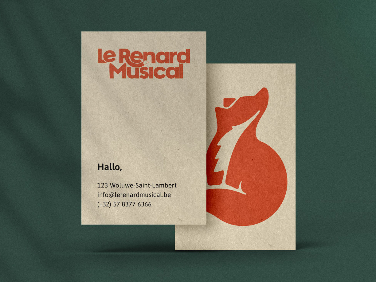 Le Renard Musical business cards, the fox in orange on cream.