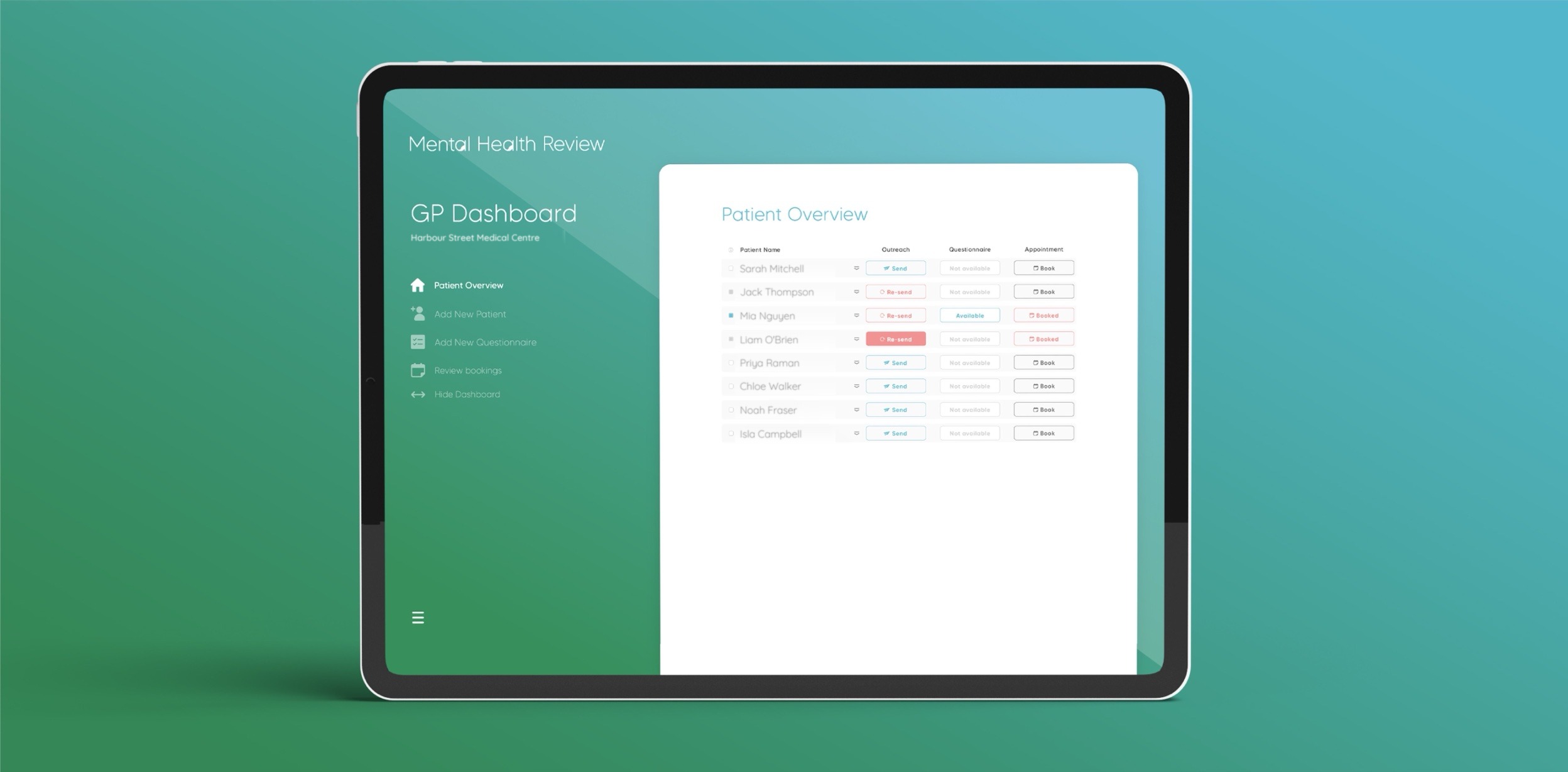 The GP dashboard, one row per patient with outreach, questionnaire and appointment columns.
