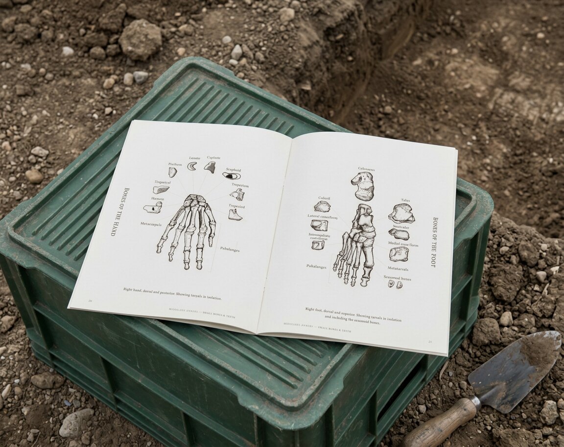 The manual open on a green finds crate on site.
