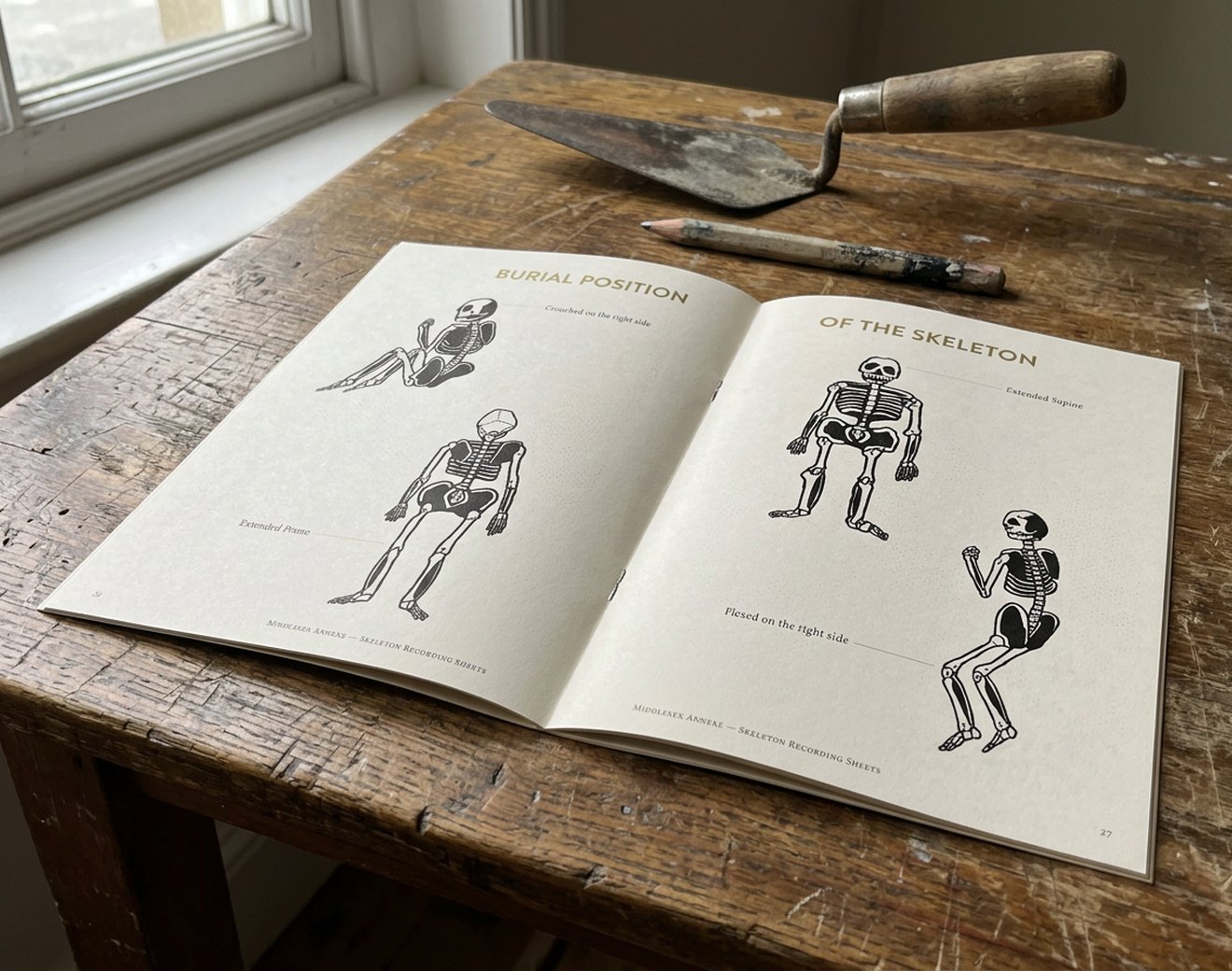 The manual open at skeleton drawings, a trowel beside it.