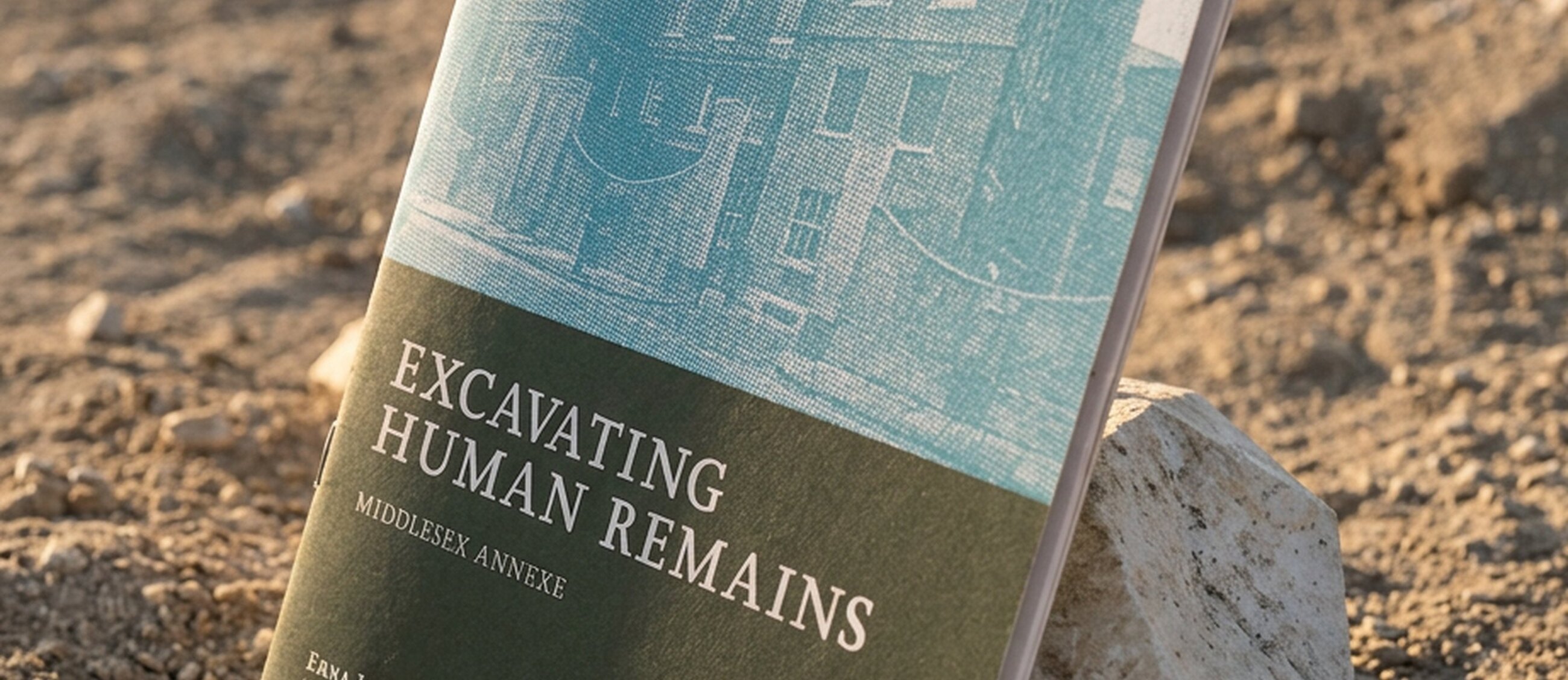 The manual's cover propped on the soil of the excavation.