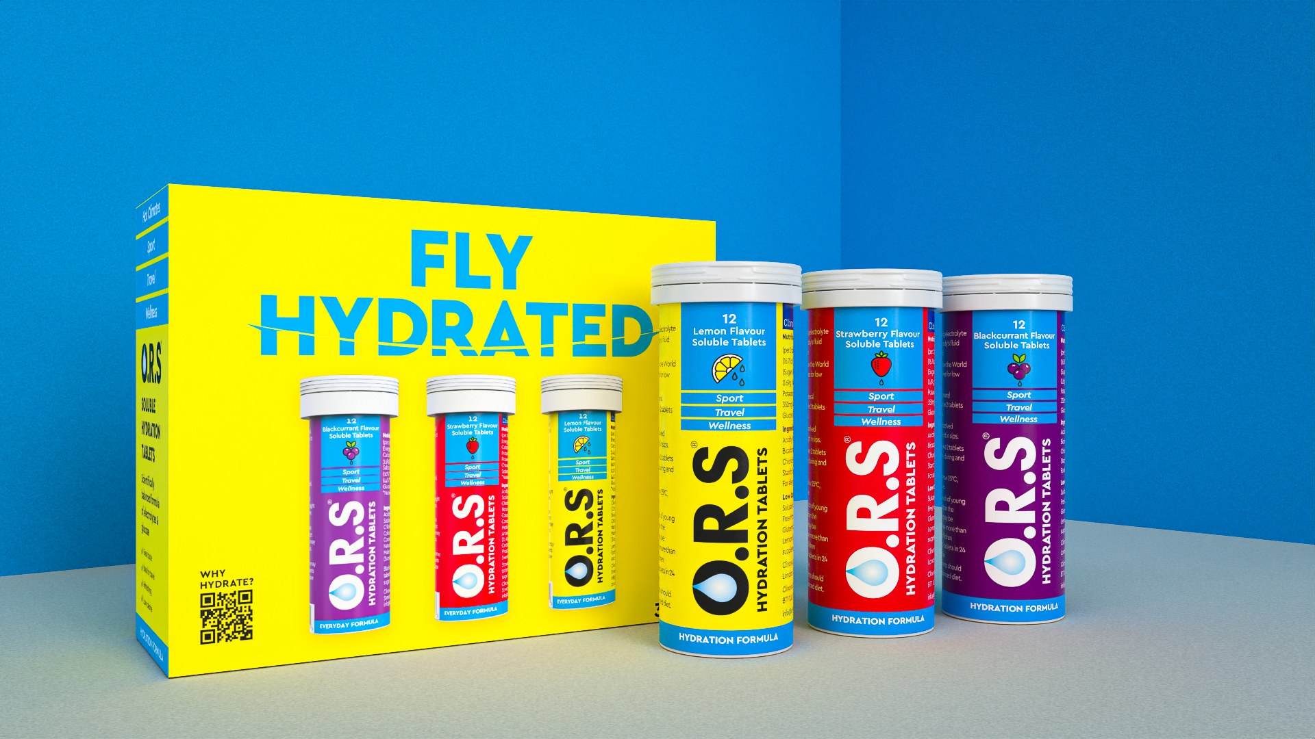 The yellow O.R.S multipack carton with three flavour-coded tubes.