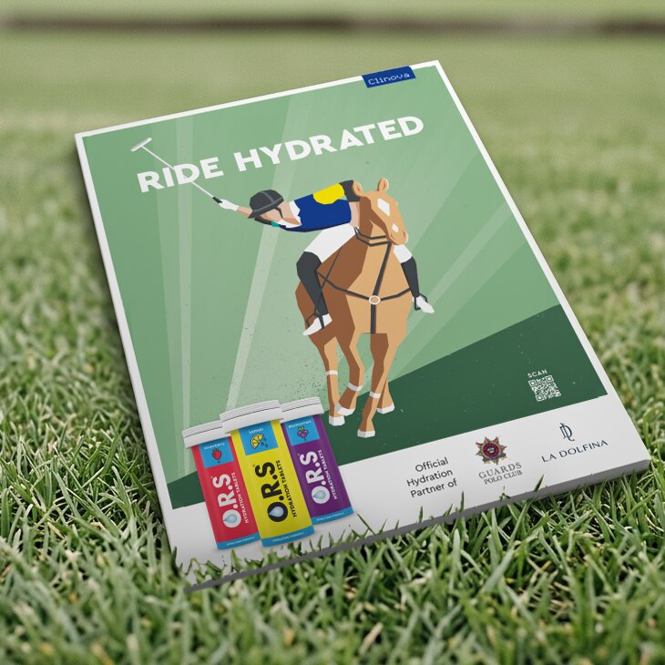 The Ride Hydrated advert lying on grass, a polo player above the tubes.