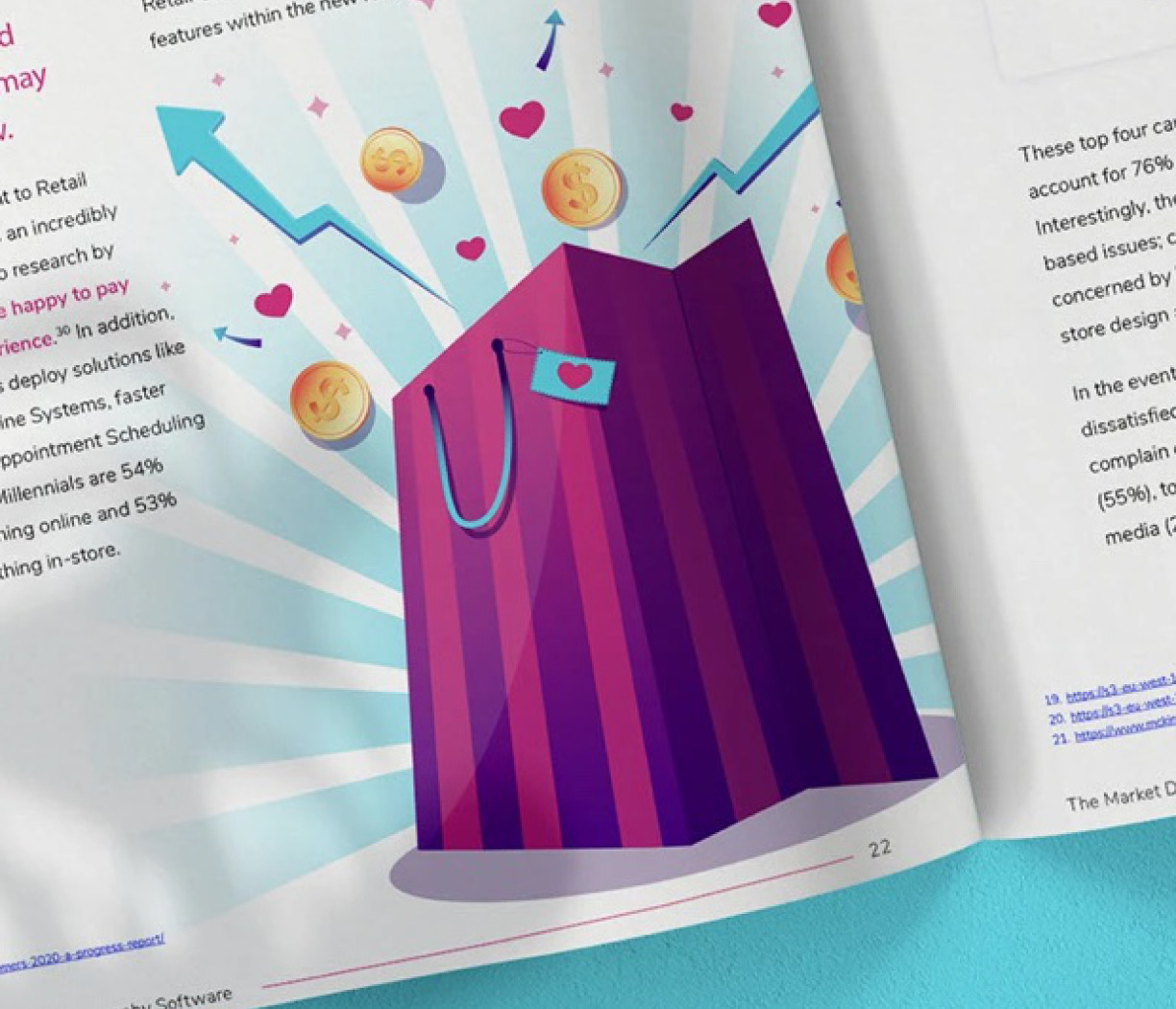 Illustration of figures and shopping bags.