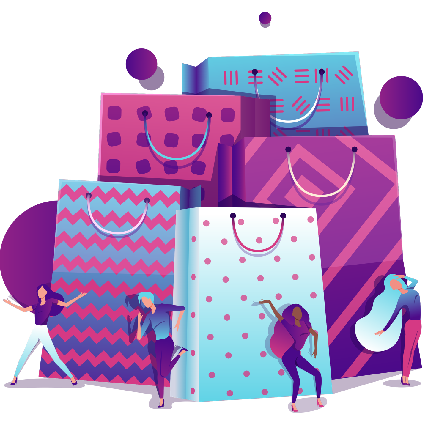 Stacked shopping bags in pinks and blues, with dancers moving around them.