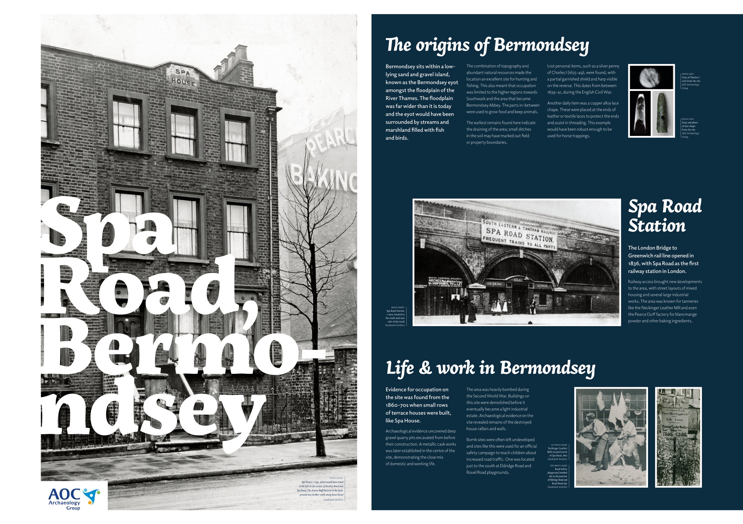 The full A1 board, three stories on a navy grid around an archive photograph.