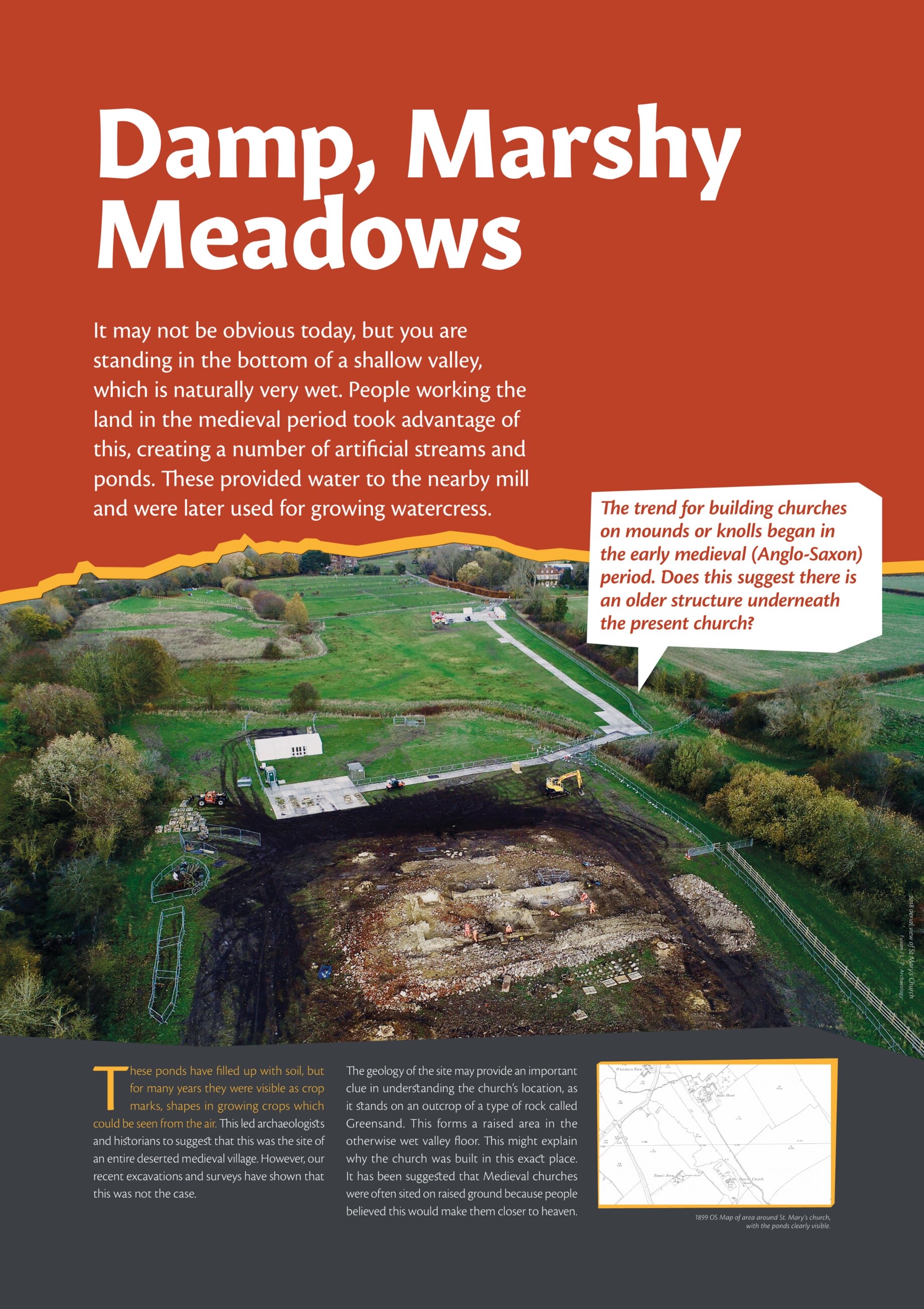 A1 panel, Damp, Marshy Meadows, with an aerial photo of the site.