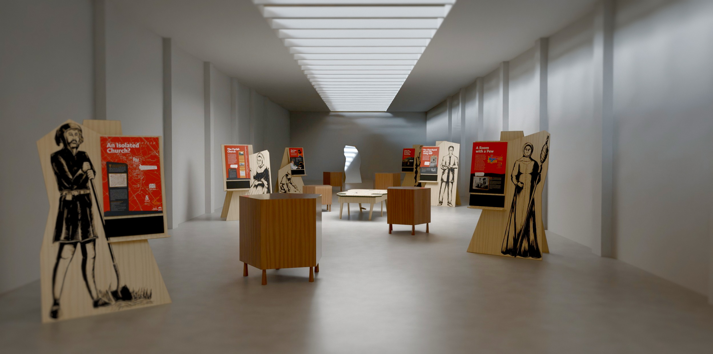 Render of the museum layout inside the shed.